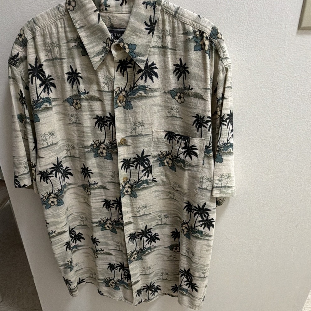 David Taylor Men's M Silk Hawaiian Tropical Floral Short Sleeve Button-Up Beige